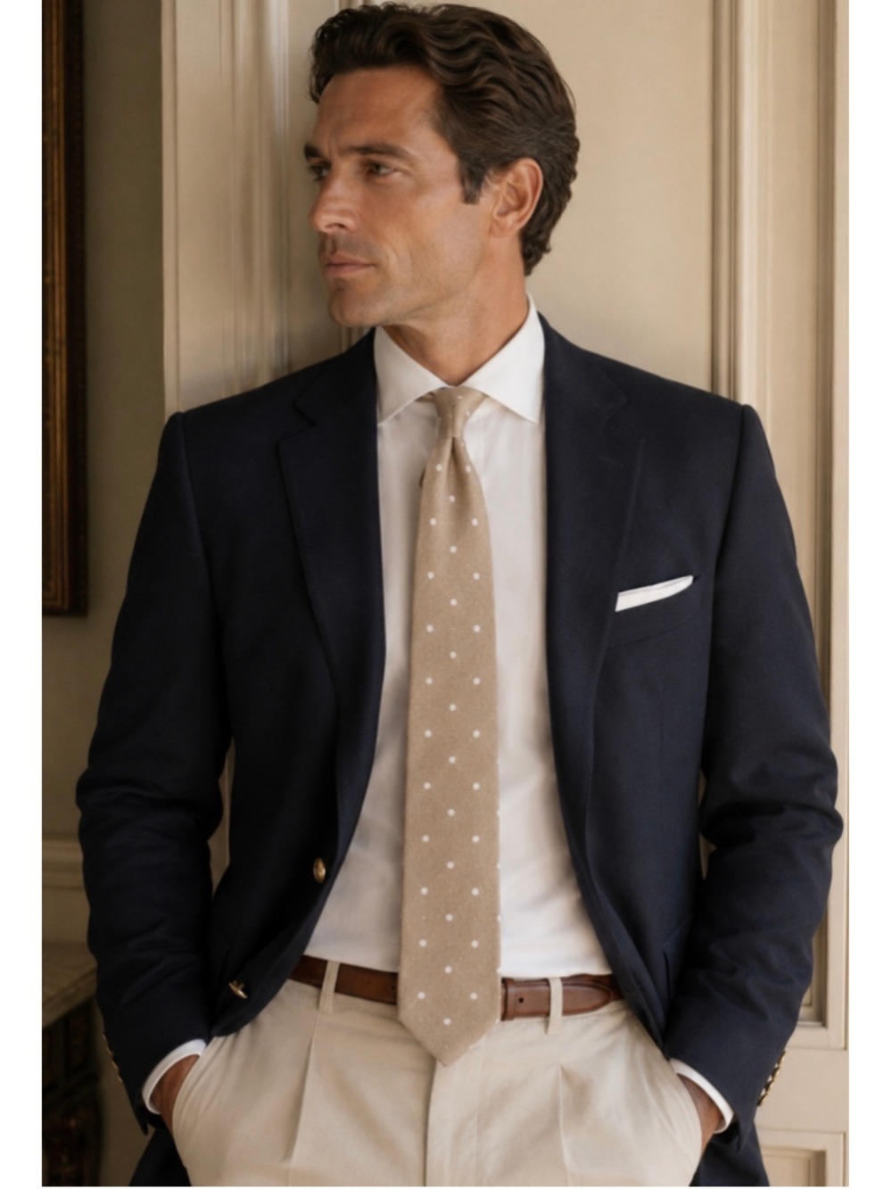 Men's Jack Sartori Polka Dot Tie, One Size, Beige and White Cotton Luxury